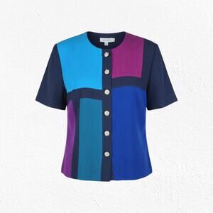 1980s Vintage Retro Blue Purple Color Block Short Sleeve Blazer Blouse Size 16P